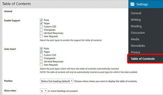 تنظیمات پلاگین Easy Table of Contents